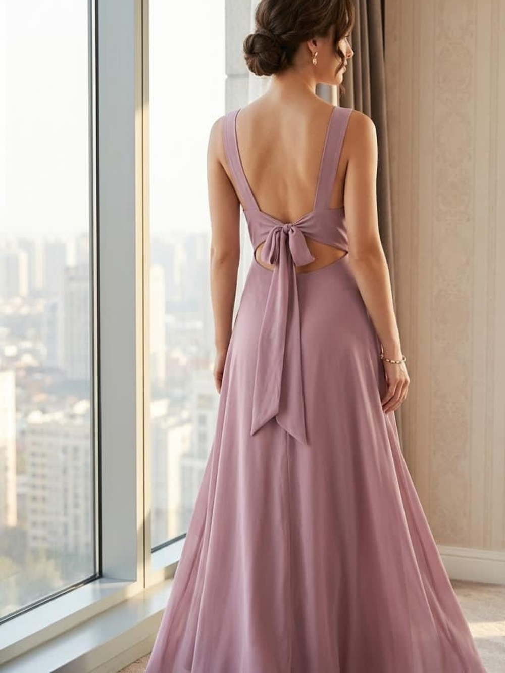 Azazie Mauve Backless Tie-Back A-Line Gown • Size XS